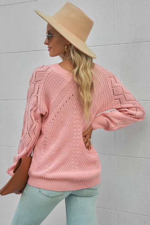 Hollow-Out Puffy Sleeve Drop Shoulder Round Neck Knit Pullover Sweater